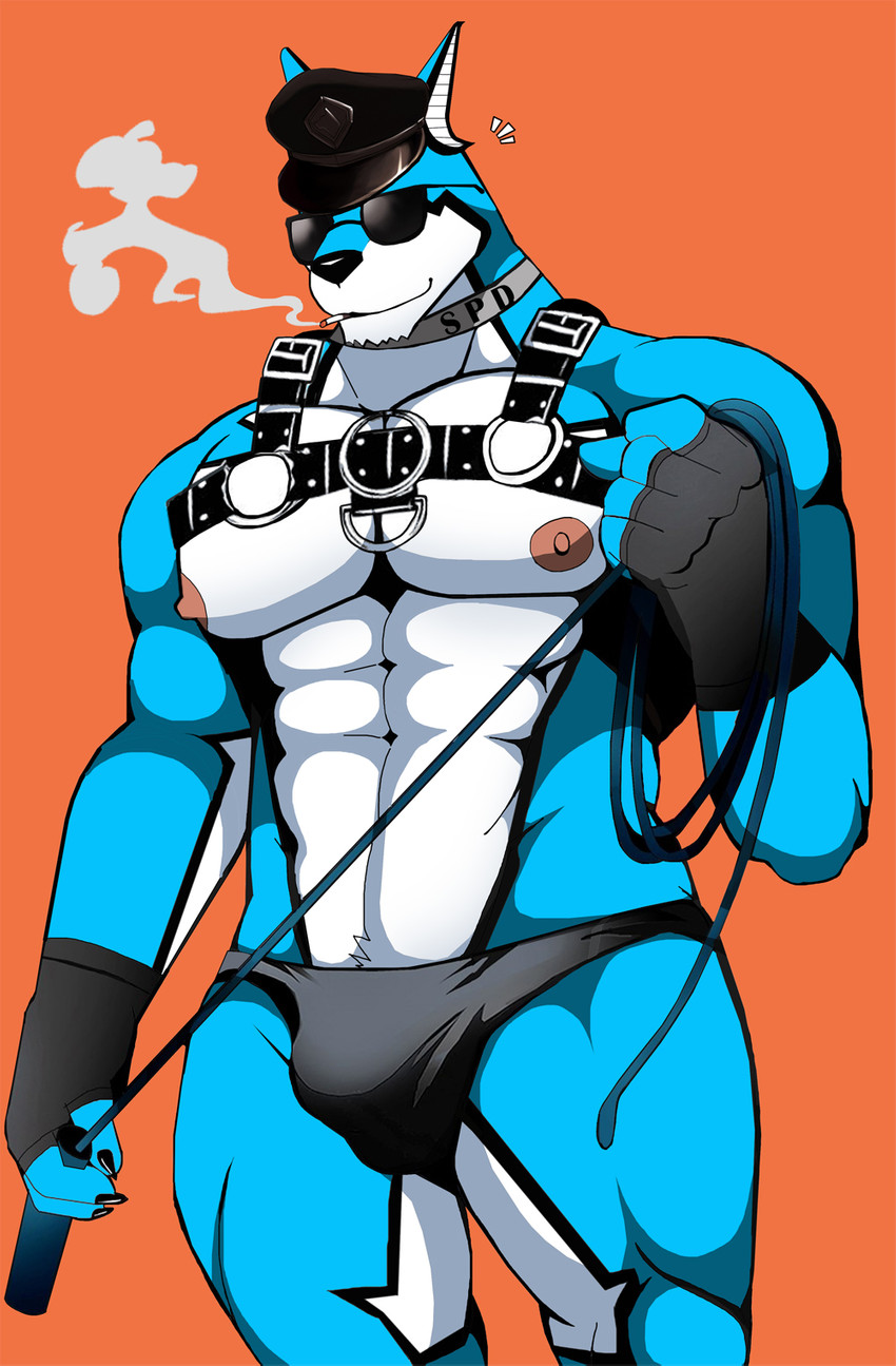 abs anthro biceps black_clothing black_markings black_underwear blue_body blue_fur bulge cigarette clothing collar eyewear fingerless_gloves fur gloves handwear harness hat headgear headwear leather leather_daddy leather_harness male markings mature_anthro mature_male multicolored_body multicolored_fur muscular muscular_anthro muscular_male nipples orange_background pecs simple_background smoking smoking_tobacco solo sunglasses thick_thighs thong two_tone_body two_tone_fur underwear whip white_body white_fur bearlovestiger13 power_rangers power_rangers_spd doggie_kruger alien canid canine mammal 2021 hi_res story_at_source