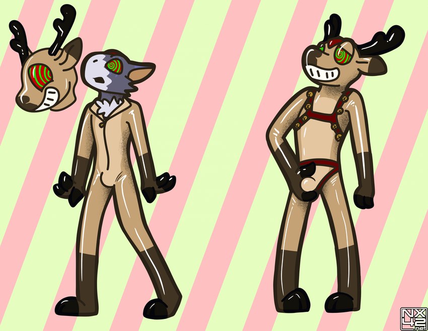 2_fingers anthro bell bell_harness bulge clothing fingers harness holidays hypnosis jingle_bell jingle_bell_harness latex male mind_control solo spiral_eyes suit suiting nx-42 bandai_namco christmas digimon deer digimon_(species) dorugamon mammal new_world_deer reindeer x-digimon hi_res