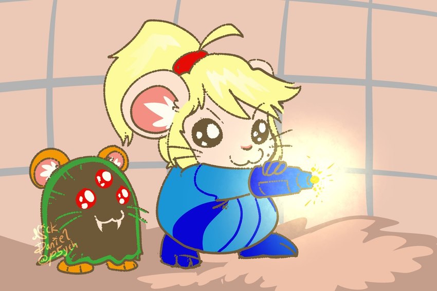 alternate_species blonde_hair blue_clothing blue_skinsuit clothing costume duo female feral fur hair laser_cannon ponytail skinsuit tight_clothing whiskers white_body white_fur p5ych hamtaro_(series) metroid nintendo hamus pashmina_(hamtaro) penelope_(hamtaro) samus_aran cricetid hamster mammal rodent