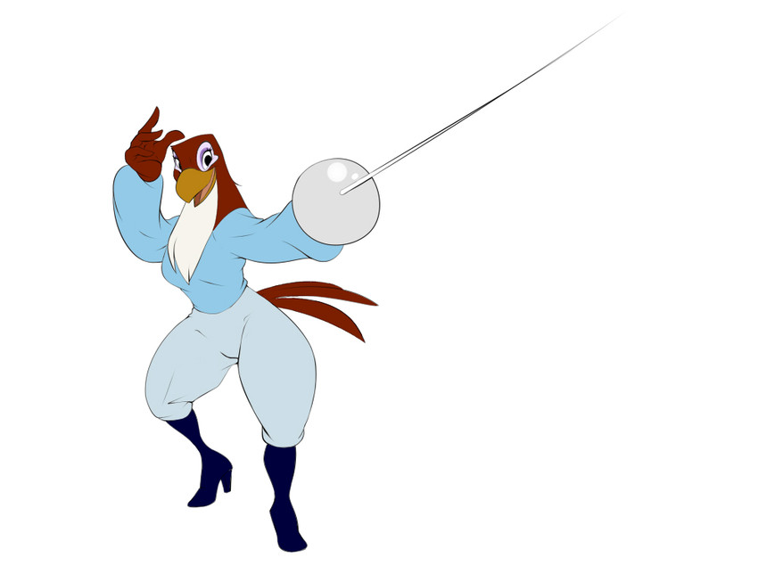 anthro athletic athletic_anthro athletic_female beak boots bottomwear brown_body clothed clothing epee_(sword) feathers female fencing fencing_foil footwear high_heeled_boots high_heels leotard melee_weapon pose shoes simple_background solo sword thick_thighs weapon wide_hips winstar animalympics contessa_(animalympics) accipitrid accipitriform avian bird falcon falconid