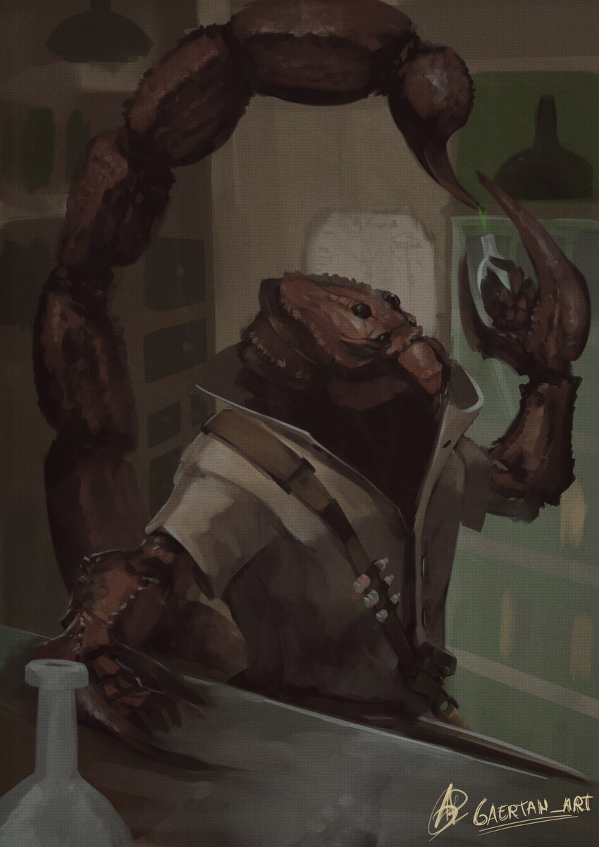 alchemist alchemy ambiguous_gender anthro apothecary clothing coat lab_coat looking_at_object potion potion_bottle scorpion_tail solo topwear vial gaertan arachnid arthropod scorpion bust_portrait digital_drawing_(artwork) digital_media_(artwork) hi_res portrait