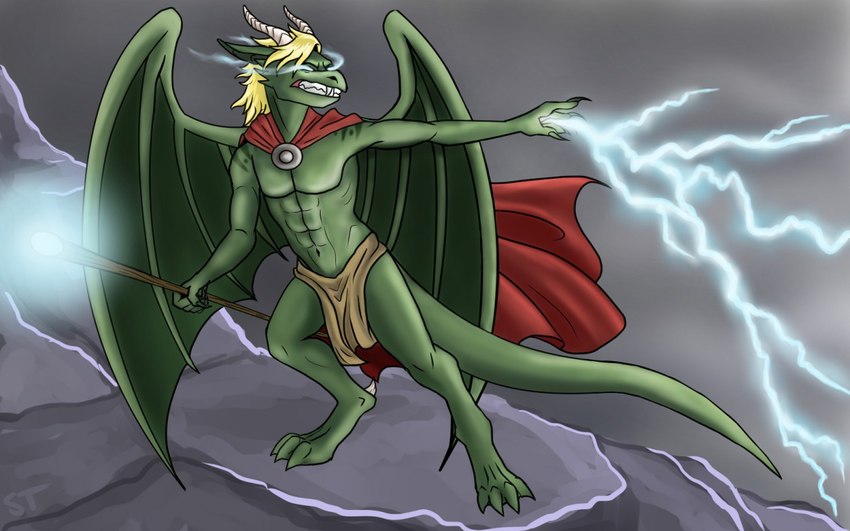 abs anthro blonde_hair bottomwear cape clothed clothing electricity fangs glowing glowing_eyes green_body green_tail green_wings hair holding_object holding_staff horn lightning loincloth magic_user male membrane_(anatomy) membranous_wings navel outside pecs red_cape red_clothing rock solo staff standing tail tan_bottomwear tan_clothing tan_loincloth teeth white_horn wings tiggybloom mythology dragon mythological_creature mythological_scalie scalie