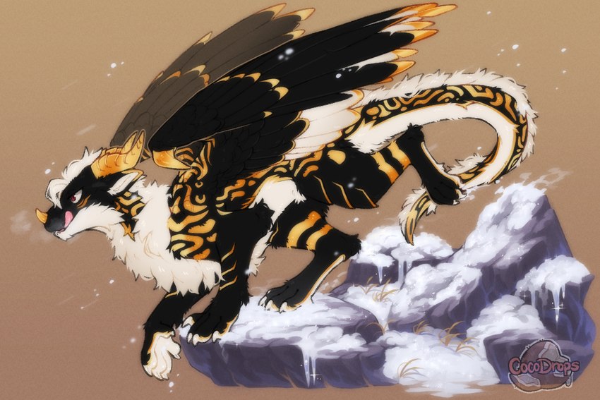 ambiguous_gender black_body black_fur chest_to_chest claws facial_horn feral fluffy fur horn nose_horn orange_nose_horn red_claws solo white_body white_claws white_fur cocodrops_(artist) mythology dragon furred_dragon furred_scalie mythological_creature mythological_scalie scalie 3:2