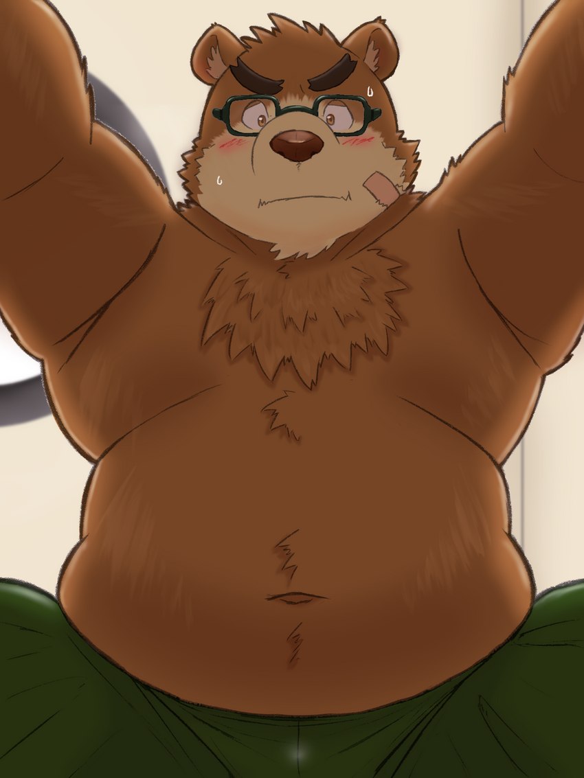 anthro belly blush bodily_fluids bottomwear brown_body brown_fur clothing eyewear fur glasses kemono male navel overweight overweight_anthro overweight_male pants solo sweat yaki_atsuage lifewonders tokyo_afterschool_summoners volos_(tas) bear mammal 2021 3:4 hi_res