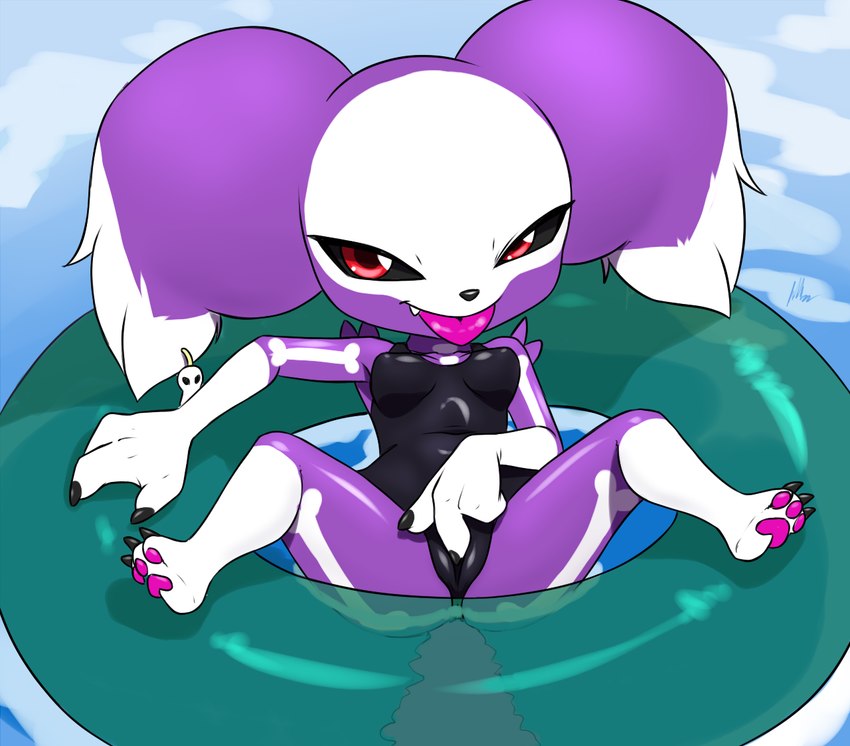 bone_pattern camel_toe clothing cute_fangs dark_sclera ear_piercing fangs female fingering fingering_self fur genitals inflatable inner_tube masturbation one-piece_swimsuit pawpads piercing purple_body purple_fur pussy red_eyes short_stack skull_accessory solo spread_legs spread_pussy spreading swimming_pool swimwear teeth tongue tongue_out furball bandai_namco digimon alice_(foxtalon) digimon_(species) hybrid impmon renamon 2022