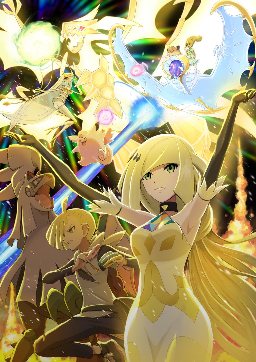 armwear blonde_hair blue_body bottomwear clothing dress elbow_gloves energy female gloves green_eyes hair handwear human_focus long_hair male pink_body ponytail size_difference skirt smile white_body yellow_body pokemoa nintendo pokemon gladion_(pokemon) lillie_(pokemon) lusamine_(pokemon) pokemon_trainer clefable clefairy generation_1_pokemon generation_7_pokemon human legendary_pokemon lunala mammal necrozma pheromosa pokemon_(species) silvally ultra_beast absurd_res hi_res brother_(lore) brother_and_sister_(lore) daughter_(lore) mother_(lore) mother_and_child_(lore) mother_and_daughter_(lore) mother_and_son_(lore) parent_(lore) parent_and_child_(lore) parent_and_daughter_(lore) parent_and_son_(lore) sibling_(lore) sister_(lore) son_(lore)