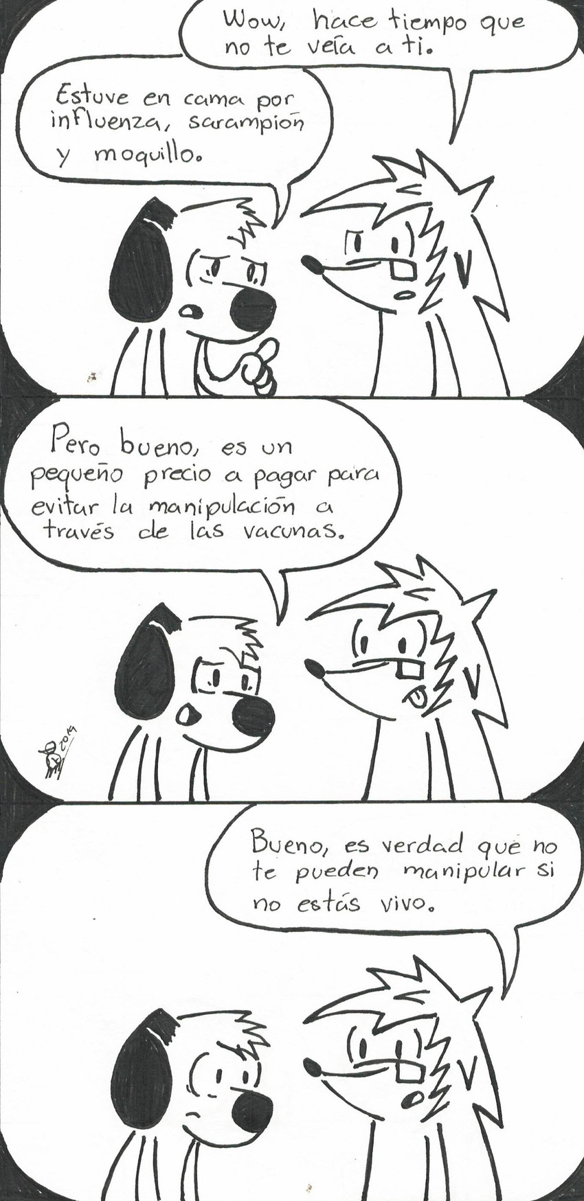 anthro dialogue duo eyewear humor ill male simple_background speech_bubble text el_senor_erizo diogenes erizo canid canine canis domestic_dog eulipotyphlan hedgehog mammal absurd_res comic hi_res signature spanish_text translated