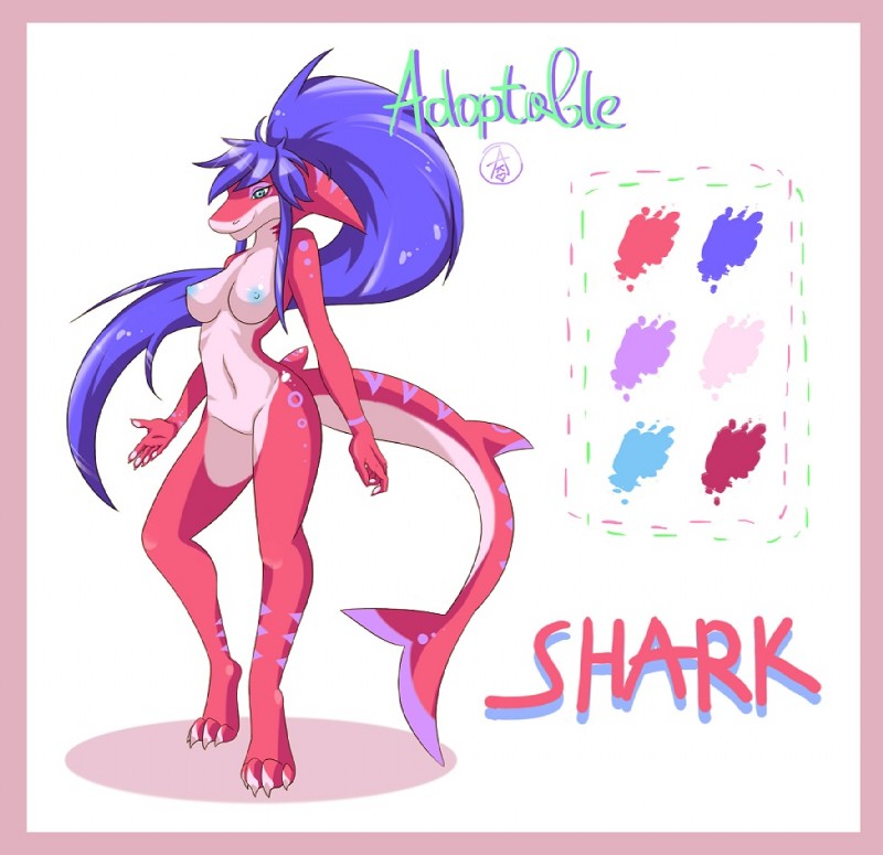 anthro border breasts featureless_crotch female hair nipples non-mammal_breasts nude pink_border smile solo standing akuma_tlt fish marine shark model_sheet