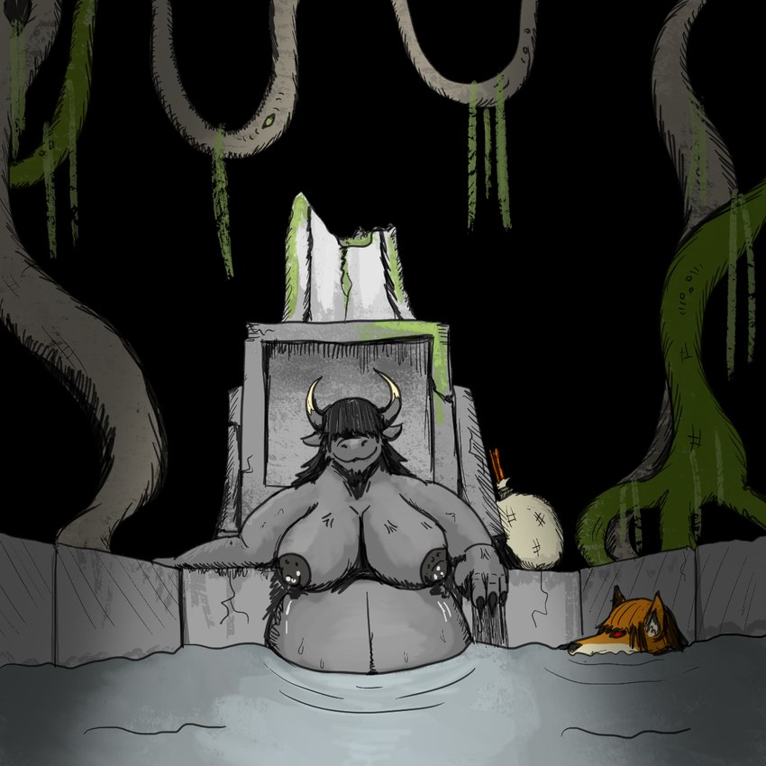 anthro belly big_belly bodily_fluids duo female horn lactating pool pregnant pregnant_anthro pregnant_female sculpture statue water vwpologt european_mythology greek_mythology mythology bovid bovine canid canine fox mammal minotaur 1:1 hi_res