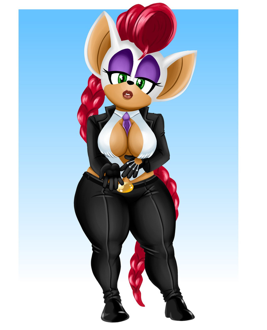 accessory anthro belt big_breasts big_ears black_bottomwear black_clothing black_footwear black_gloves black_handwear black_jacket black_nose black_pants black_shoes black_topwear blue_background border bottomwear braided_hair breasts clothed clothing cosplay crossover_cosplay eyeshadow female footwear fur gloves green_eyes hair handwear jacket long_hair makeup necktie necktie_between_breasts pants purple_eyeshadow purple_necktie red_hair shirt shoes simple_background solo tan_body tan_fur thick_thighs topwear white_body white_border white_clothing white_fur white_shirt white_topwear wide_hips jbreak1 capcom sega sonic_the_hedgehog_(series) street_fighter crimson_viper rouge_the_bat bat mammal crossover hi_res