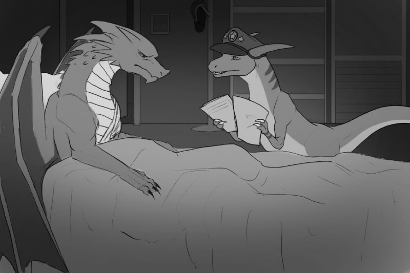 anthro bandage bed bedding blanket clothing duo furniture hat headgear headwear male reading tail nitrods angels_with_scaly_wings mythology maverick_(angels_with_scaly_wings) sebastian_(angels_with_scaly_wings) dragon mythological_creature mythological_scalie scalie 2017 monochrome