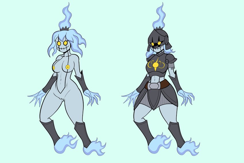 anthro armor blue_body breasts female fire flaming_hair genitals nipples nude pseudo_hair pussy solo yellow_eyes fourssss nintendo pokemon chandelure generation_5_pokemon ghost pokemon_(species) spirit 2025 3:2 hi_res model_sheet