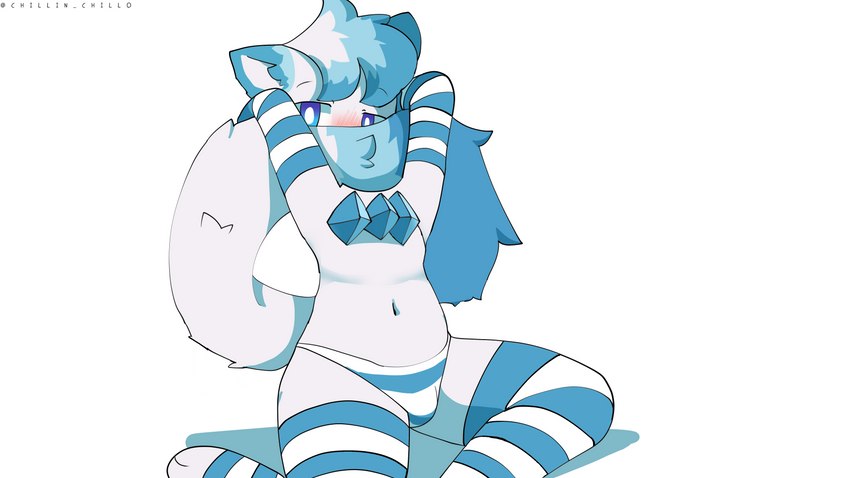 anthro arm_warmers armwear blue_armwear blue_body blue_clothing blue_eyes blue_fur blue_hair blue_panties blue_tail blue_tail_tip blue_underwear blush bottomwear bulge chest_crystal clothing dipstick_tail femboy fur hair hands_behind_head legwear looking_at_viewer male markings panties pattern_bottomwear pattern_clothing pattern_legwear pattern_panties pattern_thigh_highs pattern_underwear sitting solo striped_bottomwear striped_clothing striped_legwear striped_panties striped_thigh_highs striped_underwear stripes tail tail_covering_face tail_markings thigh_highs underwear white_armwear white_body white_clothing white_fur white_hair white_panties white_tail white_underwear chillin_chillo naidru arctic_fox canid canine fox mammal true_fox 16:9 absurd_res hi_res widescreen