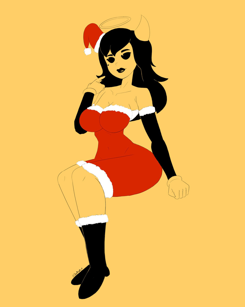 big_breasts breasts christmas_clothing christmas_headwear cleavage clothed clothing curvy_figure dress female front_view glistening glistening_lips hair halo hat headgear headwear holidays horn humanoid_face humanoid_nose lips long_hair not_furry santa_hat simple_background solo zhenai bendy_and_the_ink_machine christmas alice_angel angel angel_humanoid demon demon_humanoid humanoid hybrid 4:5 absurd_res full-length_portrait hi_res portrait