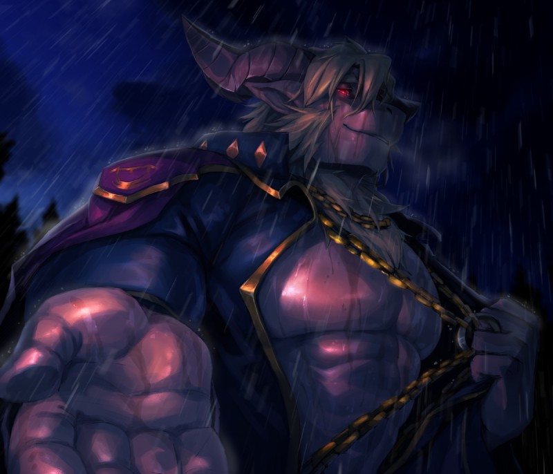 5_fingers anthro blonde_hair chain clothed clothing fingers hair horn humanoid_hands male muscular muscular_anthro muscular_male open_clothing open_shirt open_topwear pecs raining red_eyes shirt solo topwear kuron lifewonders tokyo_afterschool_summoners azazel_(tas) angel bovid caprine fallen_angel goat mammal