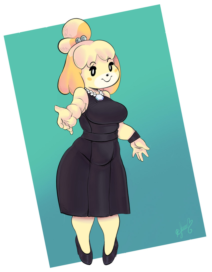 anthro big_breasts breasts clothing collar dress female footwear high_heels jewelry looking_at_viewer shoes slightly_chubby smile smiling_at_viewer solo wristband panthera_cantus animal_crossing nintendo isabelle_(animal_crossing) canid canine canis domestic_dog mammal absurd_res hi_res