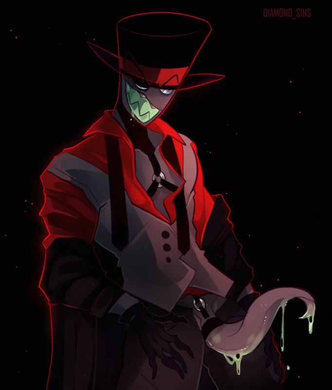 big_penis black_background bodily_fluids clothed clothing dripping drooling erection genital_fluids genitals grin hat headgear headwear male penis saliva sharp_teeth simple_background smile solo tapering_penis teeth top_hat diamond_sins villainous_(series) black_hat_(villainous) humanoid monster unknown_species 2020 absurd_res hi_res