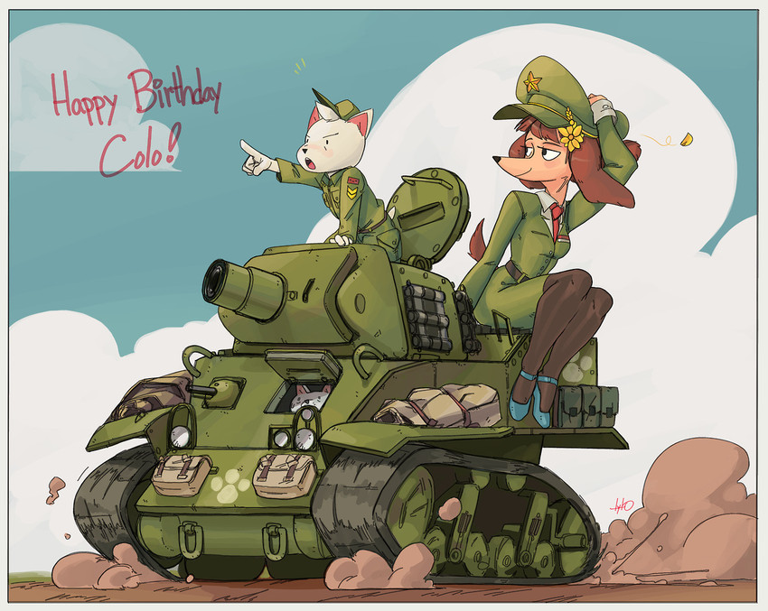 anthro armored_vehicle belt bottomwear brown_hair clothed clothing duo female fur hair hat headgear headwear m8_hmc male military military_uniform smile tank uniform vehicle tyto-alba gumbo_(colo) misha_(colo) canid canine canis domestic_dog mammal digital_media_(artwork)