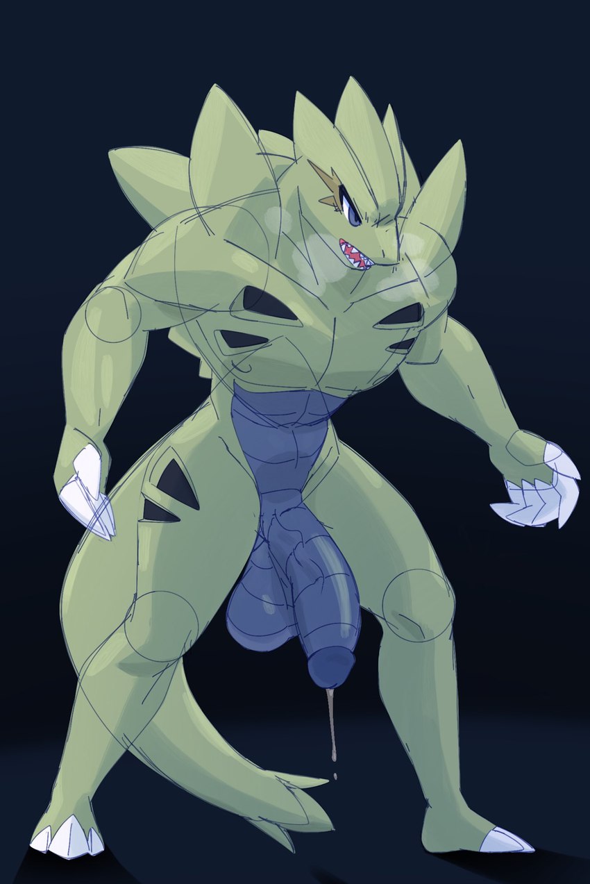 3_toes 5_fingers anthro arm_spikes athletic athletic_male balls big_balls big_penis blue_body blue_glans blue_scales bodily_fluids breath claws dripping exposed eye_scar facial_scar feet finger_claws fingers genital_fluids genitals glans green_body green_scales grey_eyes half-erect head_spikes humanoid_genitalia humanoid_penis male nude open_mouth pecs penis precum precum_drip scales scar shoulder_spikes solo spiked_tail spikes spikes_(anatomy) tail toe_claws toes vein veiny_penis dullyarts nintendo pokemon aldo_(dullyarts) generation_2_pokemon pokemon_(species) scalie tyranitar 2024 colored_sketch hi_res sketch