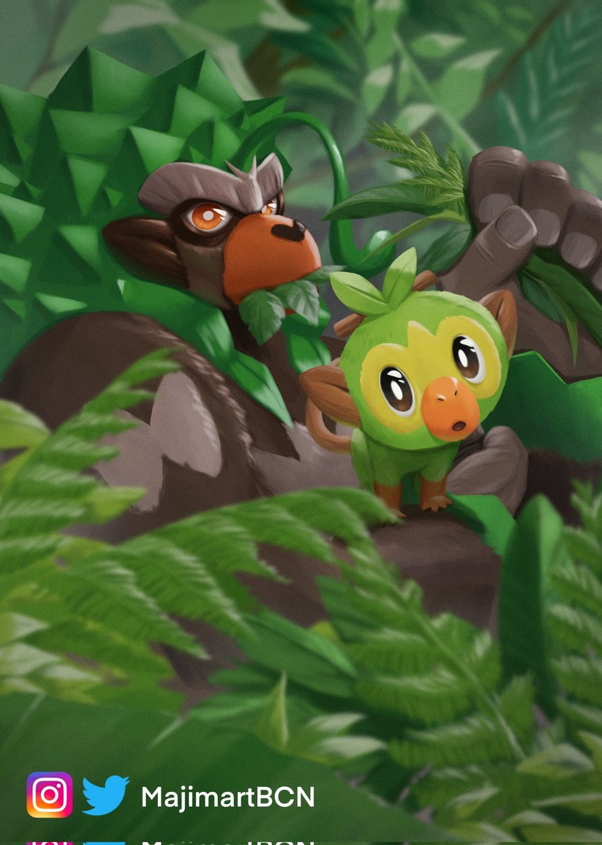 ambiguous_gender anthro black_eyes brown_body brown_fur detailed_background duo eating feral fur green_body green_fur grey_markings humanoid_hands leaf leaf_hair looking_at_viewer markings orange_eyes plant plant_hair pseudo_hair yellow_face majimartbcn nintendo pokemon generation_8_pokemon grookey pokemon_(species) rillaboom colored digital_media_(artwork) digital_painting_(artwork) hi_res painting_(artwork) signature watermark