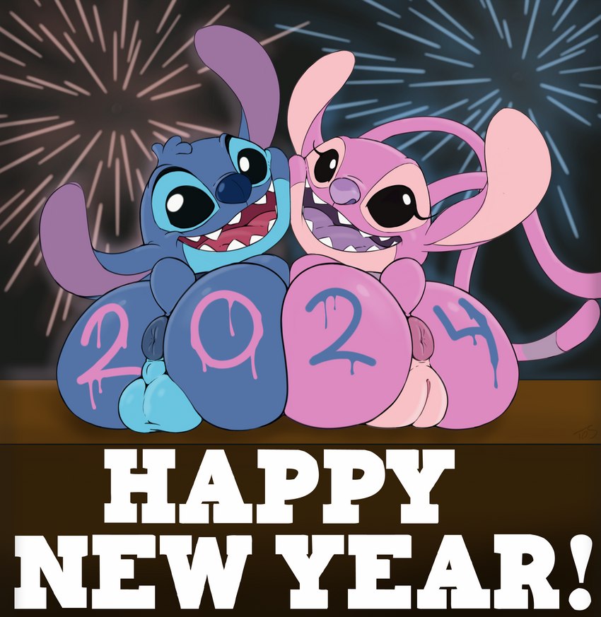 antennae_(anatomy) anthro anus backsack balls big_anus black_eyes blue_anus blue_body blue_fur blue_nose both_sexes_in_same_situation butt canon_couple duo eyelashes female fireworks fur genitals head_tuft holiday_message holidays long_antennae looking_at_viewer looking_back looking_back_at_viewer male markings multicolored_body multicolored_fur open_mouth open_smile pink_body pink_fur puffy_anus purple_anus purple_markings purple_mouth purple_nose purple_tongue pussy rear_view red_tongue small_tail smile tail teeth text tongue tuft two_tone_body two_tone_fur theoryofstrings disney lilo_and_stitch new_year new_year_2024 angel_(lilo_and_stitch) stitch_(lilo_and_stitch) alien experiment_(lilo_and_stitch) 2024 absurd_res digital_drawing_(artwork) digital_media_(artwork) english_text hi_res