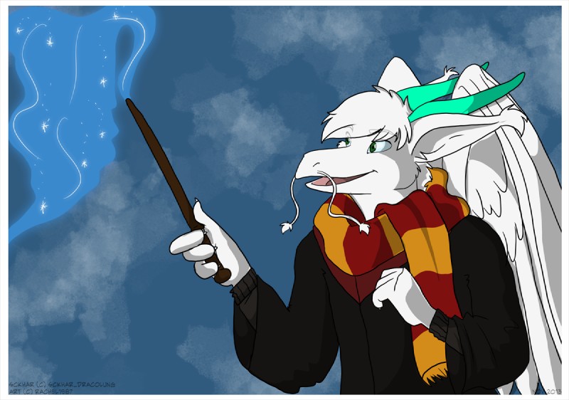 anthro clothing feathered_wings feathers green_eyes gryffindor hogwarts_uniform horn long_ears magic male scarf school_uniform smile solo uniform wand whiskers white_body wings rachel1987 harry_potter_(series) mythology angel_dragon dragon feathered_dragon feathered_scalie mythological_creature mythological_scalie scalie