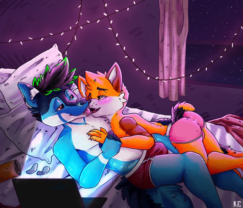 anthro bed blue_body blue_fur blush bulge butt clothed clothing duo enjoying fur furniture grab_handle hug inside kiss_on_lips kissing lights love lying male male/male night on_back on_front orange_body orange_fur pringles_can relaxing underwear underwear_only watching_movie window yellow_body yellow_fur katxfish katxlogan canid canine canis domestic_cat felid feline felis mammal wolf boyfriends absurd_res hi_res