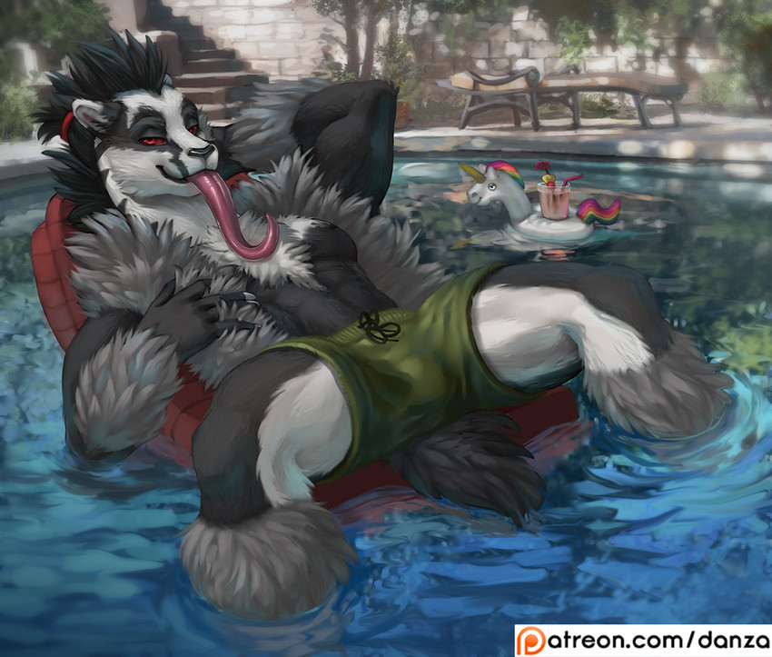 anthro beverage bottomwear clothing float fluffy horn male patreon_logo pose shorts solo spreading swimming_pool text tongue tongue_out conditional_dnp danza mythology nintendo patreon pokemon rel_(relightcharge) equid equine generation_8_pokemon mammal mythological_creature mythological_equine obstagoon pokemon_(species) unicorn english_text pinup url