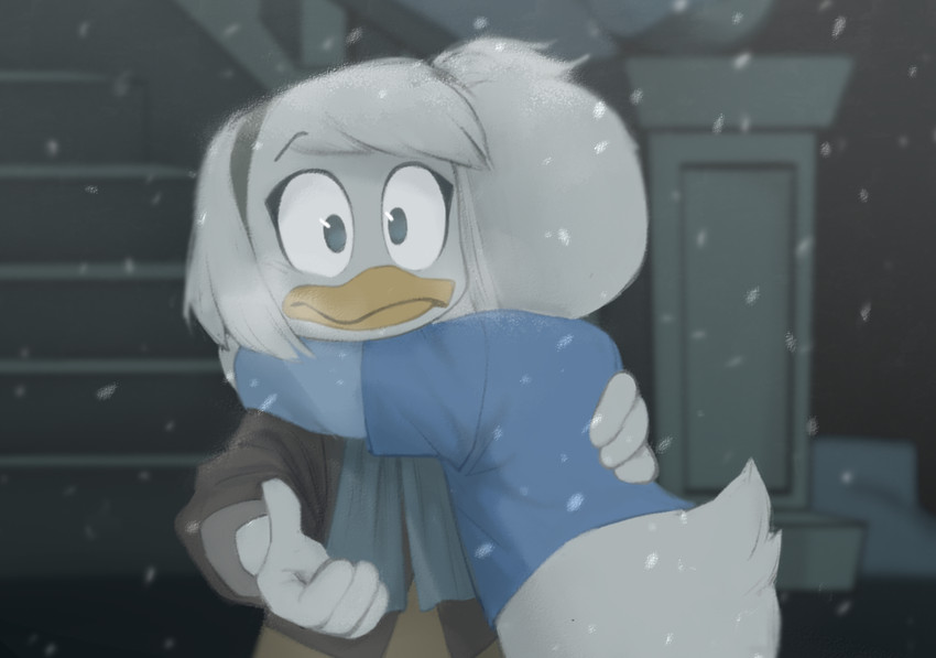 4_fingers anthro blue_clothing breath brown_clothing clothing cold duo feathers female fingers hair hug outside scarf shirt snow t-shirt topwear white_body white_feathers white_hair young pizdecsuqa disney ducktales ducktales_(2017) della_duck dewey_duck anatid anseriform avian bird duck mother_(lore) mother_and_child_(lore) mother_and_son_(lore) parent_(lore) parent_and_child_(lore) parent_and_son_(lore) son_(lore)