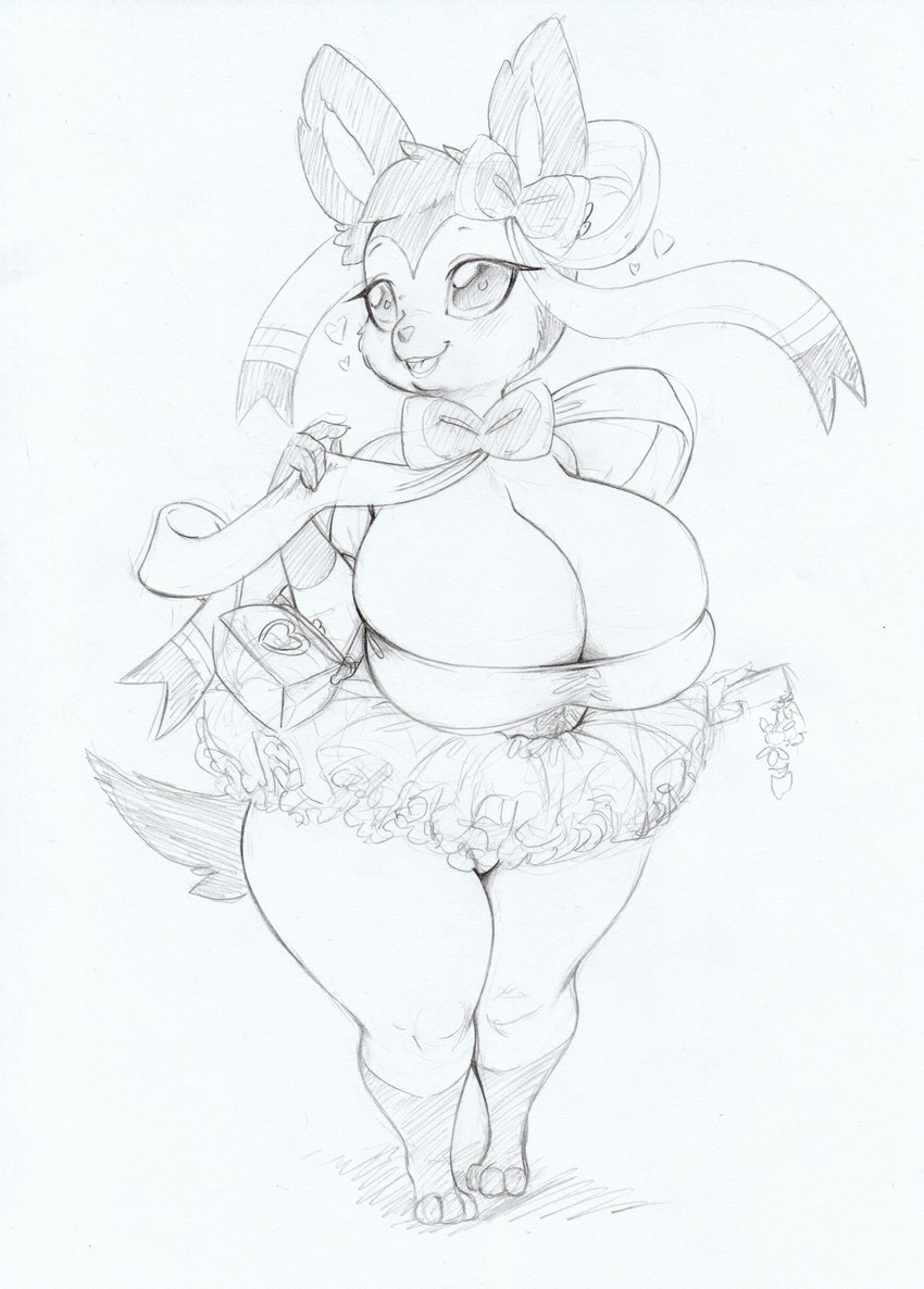 3_toes anthro anthrofied big_breasts big_eyes biped bottomwear bow_(feature) breasts cleavage clothed clothing dress feet female frilly frilly_bottomwear frilly_clothing frilly_skirt gloves_(marking) head_tuft heart_symbol huge_breasts leg_markings markings purse short_stack skirt smile socks_(marking) solo thick_thighs toes tuft wide_hips longinius nintendo pokemon eeveelution generation_6_pokemon pokemon_(species) sylveon 2024 absurd_res full-length_portrait graphite_(artwork) hi_res line_art portrait shaded traditional_media_(artwork)