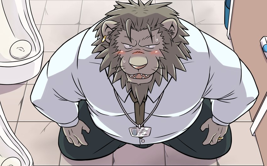 anthro bathroom belly blush bottomwear clothing humanoid_hands kemono male overweight overweight_male pants shirt solo topwear oogamikennta felid lion mammal pantherine 16:10 2023 hi_res widescreen