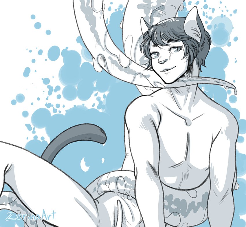 anthro bedroom_eyes hair long_tail male narrowed_eyes nude pupils seductive short_hair slime slit_pupils solo tail tentacle_on_male tentacles msmeowgi domestic_cat felid feline felis mammal greyscale monochrome sketch