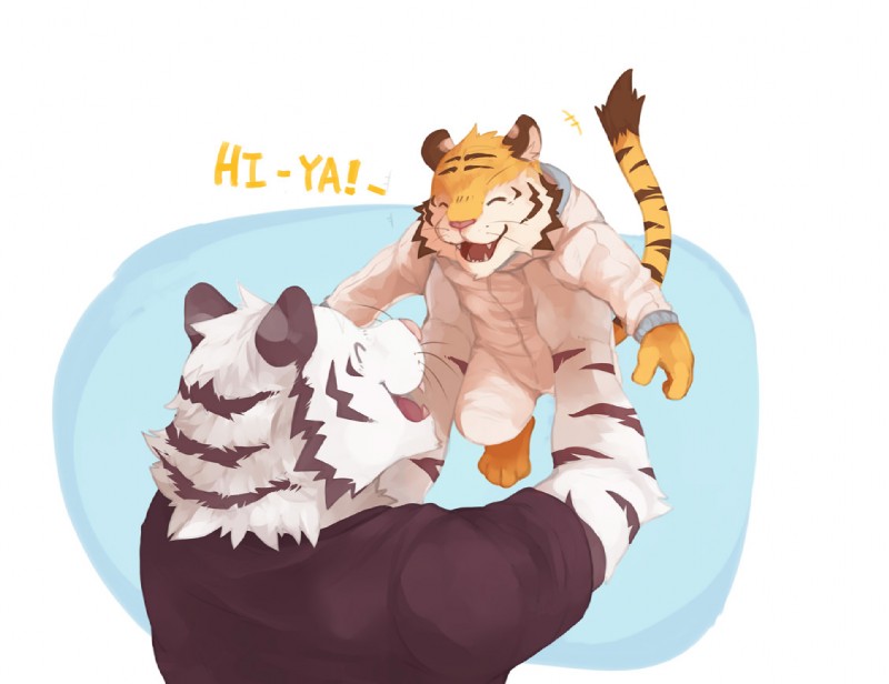 anthro barefoot clothed clothing duo eyes_closed fangs feet fur leucistic male markings open_mouth pink_nose striped_body striped_fur striped_markings striped_tail stripes tail tail_markings teeth toes lowerkuo felid mammal pantherine tiger 2018