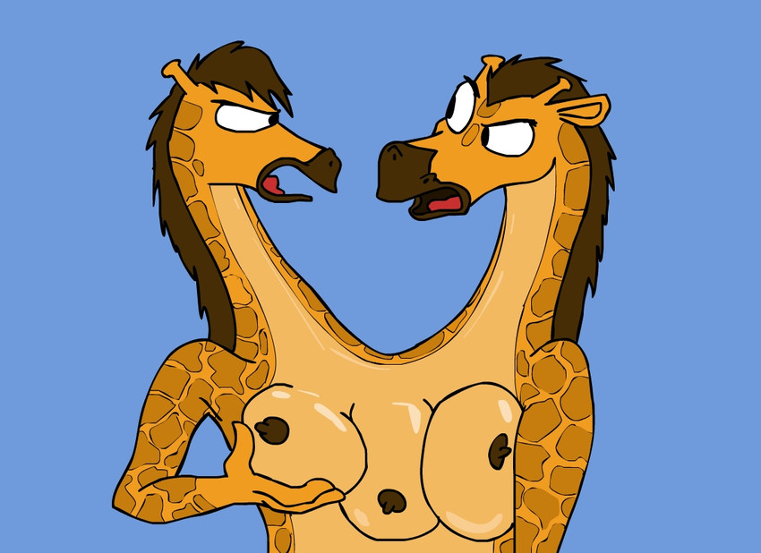 2_heads 3_breasts anthro breasts conjoined female multi_breast multi_head nipples nude solo stuck_together wide_dicephalous theyton giraffe giraffid mammal