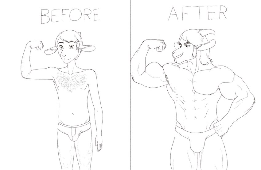 abs anthro before_and_after big_muscles bulge clothed clothing expansion flexing fur growth hair horn male muscle_growth muscular muscular_anthro muscular_male narrow_hips nipples pecs skinny smile solo standing text thick_thighs thin_thighs underwear underwear_only oscar_parke_(artist) william_(falcon_mccooper) animal_humanoid bovid caprine goat humanoid mammal 2024 black_and_white digital_drawing_(artwork) digital_media_(artwork) english_text hi_res line_art monochrome