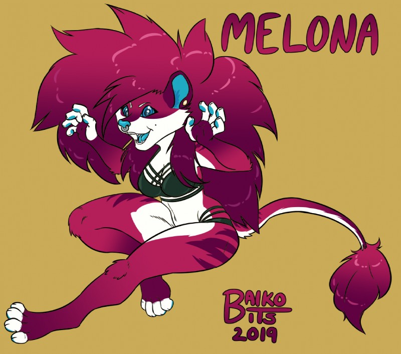 anthro blue_eyes breasts clothed clothing female gradient_hair hair mane mane_hair piercing smile solo tuft baikobits melona felid lion mammal pantherine 2019