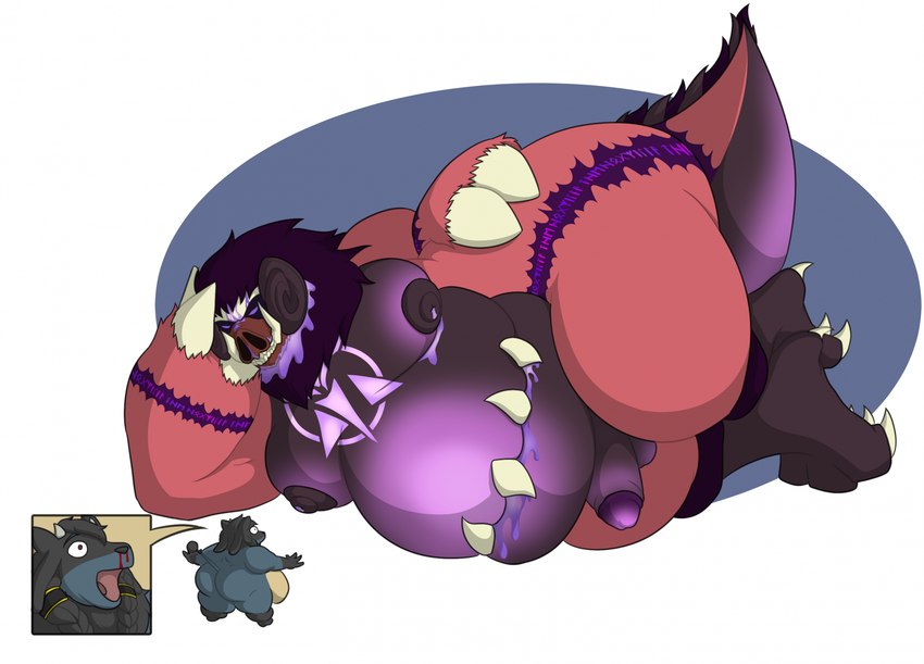 2_horns 3_fingers 3_toes anthro areola arm_support balls belly belly_mouth bent_arm big_belly big_butt black_hair black_nose blood blue_body blue_fur bodily_fluids braided_hair butt claws curled_horn drooling duo erection fangs feet fingers fur fur_markings genitals grey_horn hair horn larger_anthro larger_male leaning_on_elbow looking_at_another lying male male_anthro mane markings milk moobs multicolored_body multicolored_fur multicolored_tail nipples no_pupils nosebleed nude_anthro nude_male obese obese_anthro obese_male on_side open_mouth oval overweight overweight_anthro overweight_male penis pink_body pink_fur pink_tail pink_tongue purple_areola purple_balls purple_eyes purple_horn purple_mane purple_markings purple_nipples purple_penis purple_tail red_eyes saliva saliva_on_belly shocked short_horn simple_background size_difference small_horn smaller_anthro smaller_male standing tail tan_body tan_fur teeth thick_thighs toes tongue tusks white_background white_claws theannoyingnpc bandai_namco digimon nintendo pokemon ashes_the_moocario fan_character jasper_(jster) bovid bovine cattle digimon_(species) generation_4_pokemon guilmon hybrid kaiju lucario mammal pokemon_(species) suid suina sus_(pig) wild_boar 2023 colored digital_drawing_(artwork) digital_media_(artwork) english_description hi_res shaded simple_shading