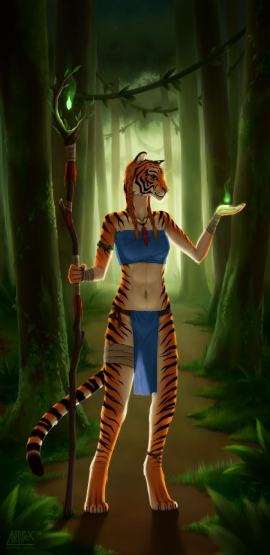 4_toes anklet anthro barefoot biped blue_bottomwear blue_clothing blue_eyes blue_topwear bottomwear braided_hair breasts claws clothed clothing digitigrade feet female forest fur grass hair holding_object jewelry loincloth looking_at_viewer magic magic_user navel necklace orange_body orange_fur outside plant smile solo staff standing striped_body striped_fur stripes toes topwear tree white_body white_fur m_artifex felid mammal pantherine tiger 2018 digital_media_(artwork) hi_res