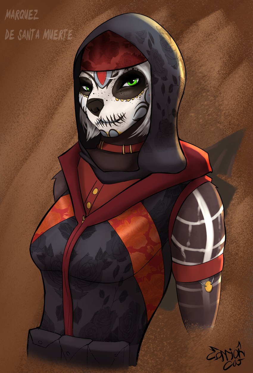 anthro athletic athletic_female bodypaint clothing face_paint female floral_print green_eyes hoodie jacket looking_at_viewer sleveless_hoodie topwear carrioncat combat_cat_studio wild_assault marquez_(wild_assault) mammal mephitid skunk 2024 bust_portrait hi_res portrait signature