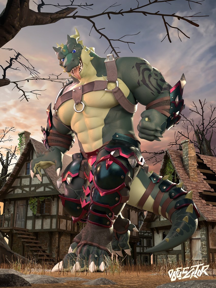 2_horns 3d_background 5_fingers 5_toes abs anthro arm_armor armor armor_plates armwear barazoku belt biceps big_biceps big_muscles big_pecs biped black_tattoo blue_eyes bottomwear brick building chest_scar chimney claws clothed clothing cock_armor codpiece countershade_face countershade_feet countershade_hands countershade_tail countershade_torso countershading d-ring day dewclaw digitigrade door eye_glint facial_scar facial_spikes fantasy feet finger_claws fingers footwear furgonomics glistening glistening_armor glistening_arms glistening_armwear glistening_body glistening_bottomwear glistening_clothing glistening_eyes glistening_feet glistening_footwear glistening_head glistening_legs glistening_legwear glistening_skin glistening_spikes glistening_tail glistening_tongue grass green_armor green_body green_scales green_spikes hand_spike happy harness harness_ring head_spikes hip_armor horn house leather leather_harness leg_armor legwear light looking_at_viewer looking_down looking_down_at_viewer low-angle_view male medieval medieval_architecture medieval_armor medieval_fantasy metal_armor multicolored_armor multicolored_body muscular muscular_anthro muscular_male o-ring open_mouth outside pecs pink_tongue plant plated_scales pose red_armor rock scales scar schynbalds sharp_teeth showing_teeth skimpy sky solo spiked_tail spikes spikes_(anatomy) stairs sunlight tail tail_armor tattoo teeth toe_claws toes tongue tongue_out topless topless_male tree tudor two_tone_body unconvincing_armor vambrace walking white_claws window wood wood_door x_scar yellow_body yellow_countershading yellow_horn yellow_spikes obfuscator european_mythology mythology gullax_lusar_(gullax_lusar) dragon mythological_creature mythological_scalie scalie western_dragon wingless_dragon 2024 3:4 3d_(artwork) digital_media_(artwork) full-length_portrait hi_res portrait signature