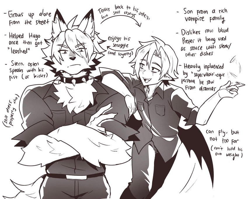 anthro butt_wings collar crossed_arms duo humanoid_pointy_ears male neck_tuft pointy_ears spiked_collar spikes text tuft unusual_wing_placement wings lontongs mihoyo zenless_zone_zero hugo_vlad von_lycaon canid canine canis humanoid mammal vampire wolf english_text hi_res