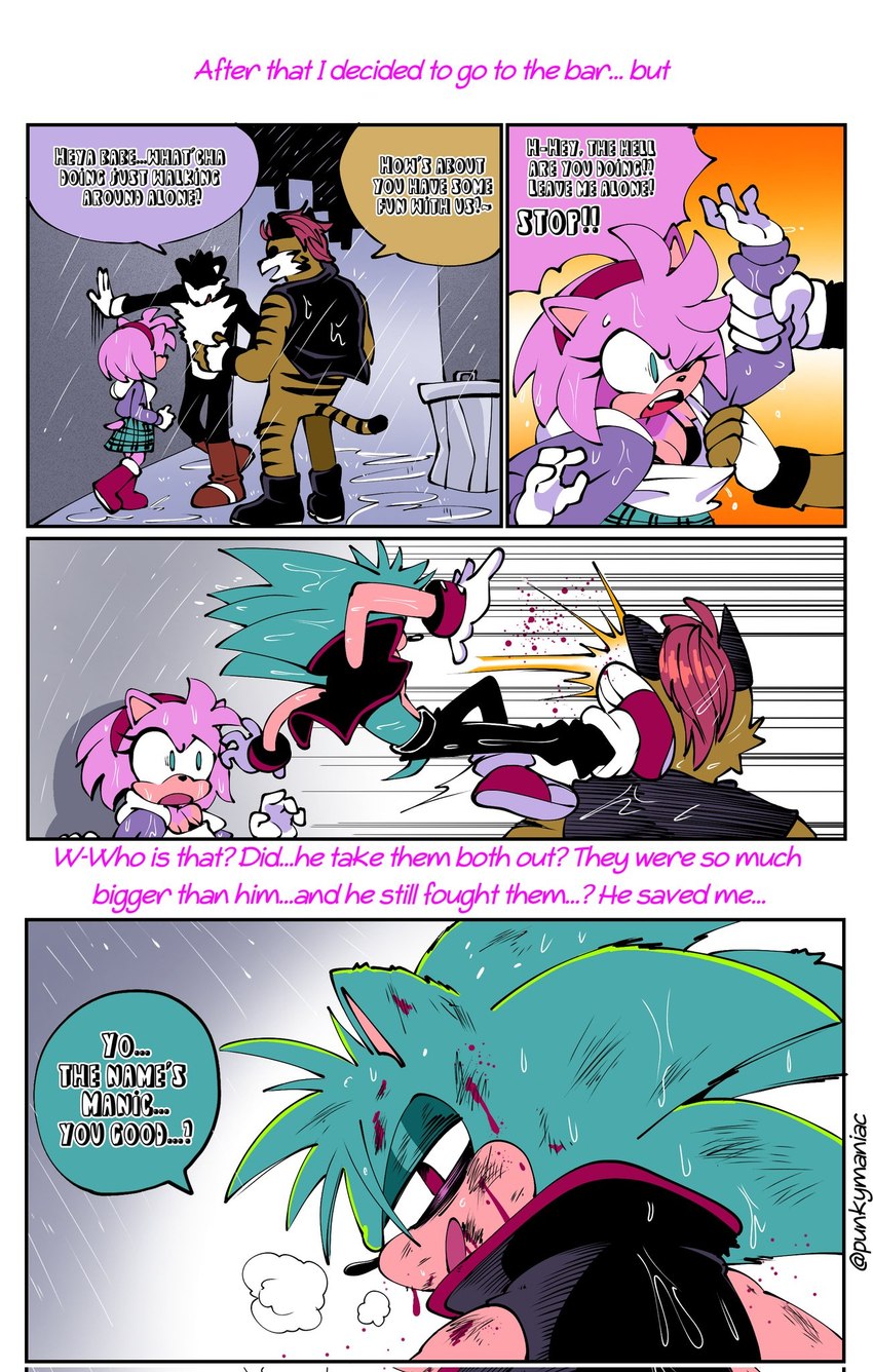 anthro black_border blue_ears blue_face blue_head blue_quills border comic_panel dialogue female group hair male micro_calves micro_legs micro_thighs pink_ears pink_face pink_hair pink_head pink_quills simple_background speech_bubble tan_inner_ear text thin_calves thin_legs thin_thighs white_background quavernsfw sega sonic_the_hedgehog_(series) sonic_underground amy_rose manic_the_hedgehog eulipotyphlan felid hedgehog mammal pantherine tiger unknown_species 2024 colored comic english_text hi_res