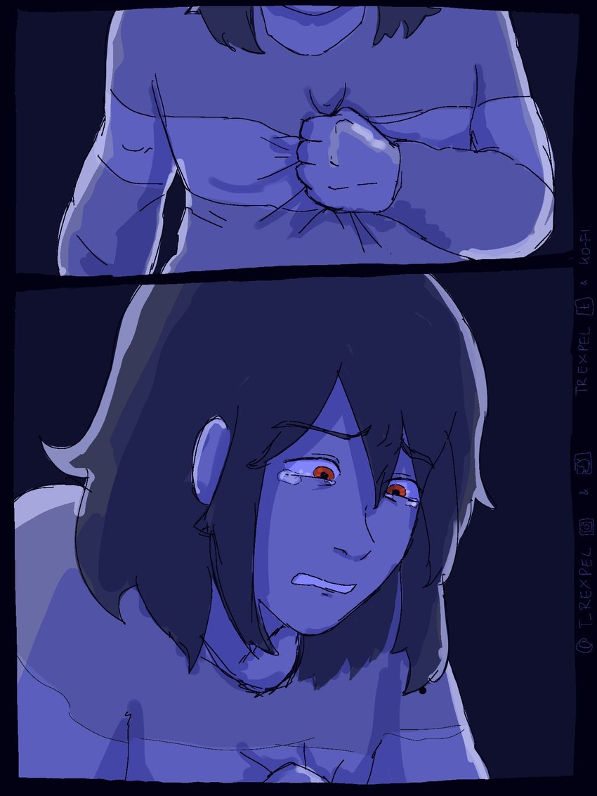 bodily_fluids clothing crying hand_on_chest male red_eyes sad simple_background solo sweater tears teeth topwear trexpel deltarune undertale_(series) kris_(deltarune) human mammal 3:4 digital_drawing_(artwork) digital_media_(artwork) hi_res purple_theme