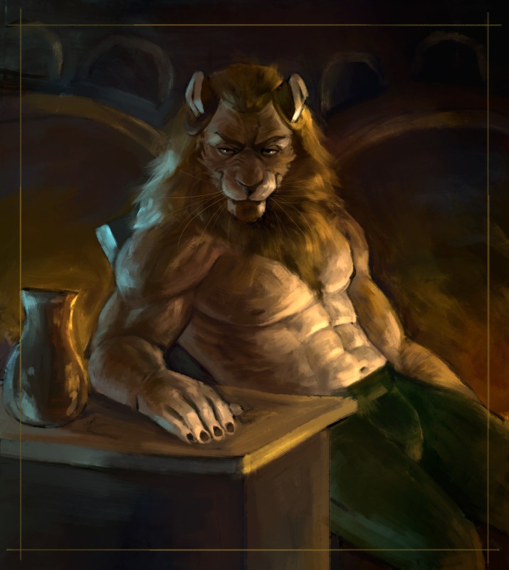 abs anthro bottomwear bulge clothed clothing eyebrows fingernails fur looking_at_viewer male mane muscular muscular_anthro muscular_male nails navel nipples pants pecs sitting solo topless whiskers yellow_body yellow_fur shamerli tibald felid lion mammal pantherine absurd_res hi_res