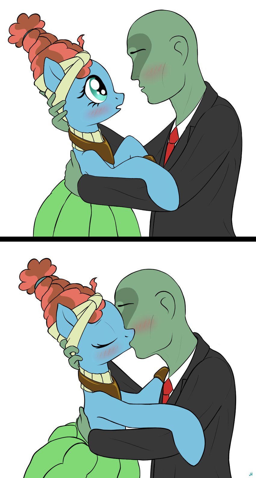 2_panel_comic ?_face bestiality blue_body blush bottomwear clothed clothed_feral clothing dress duo eye_contact eyelashes eyes_closed female feral green_body green_skin hair hair_bun hand_on_back hand_on_head head_turn hug human_on_feral interspecies kiss_on_lips kissing looking_at_another looking_at_viewer loose_hair male male/female necktie on_hind_legs open_mouth red_hair romantic romantic_couple simple_background skirt suit teal_eyes white_background jh friendship_is_magic hasbro my_little_pony anon meadowbrook_(mlp) earth_pony equid equine horse human mammal pony 2017 digital_drawing_(artwork) digital_media_(artwork) hi_res