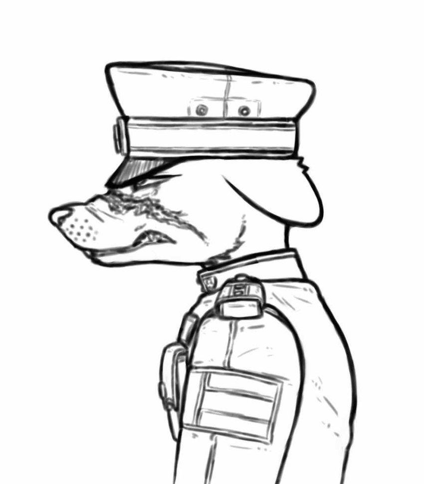 angry anthro clothed clothing facial_scar frown fur hat headgear headwear male military_uniform scar side_view snout solo uniform whisker_spots us_cannonfodder mammal murid murine rat rodent 2023 black_and_white digital_drawing_(artwork) digital_media_(artwork) drawpile_(artwork) hi_res monochrome sketch