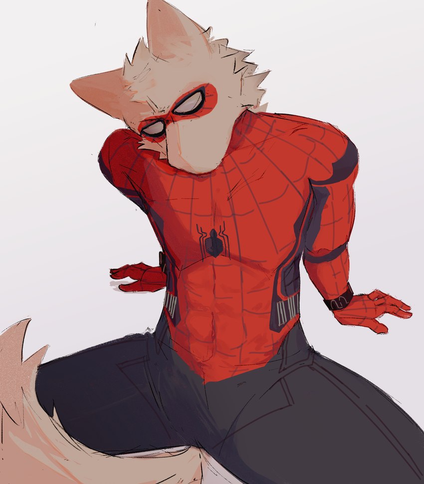 abs anthro biped clothed clothing domino_mask eyemask eyewear fluffy fluffy_tail fully_clothed fur male mask mouthless sitting solo spiderman_costume spread_legs spreading tail white_body white_fur wristband temchang marvel spider-man_(series) canid canine mammal absurd_res digital_media_(artwork) hi_res portrait three-quarter_portrait