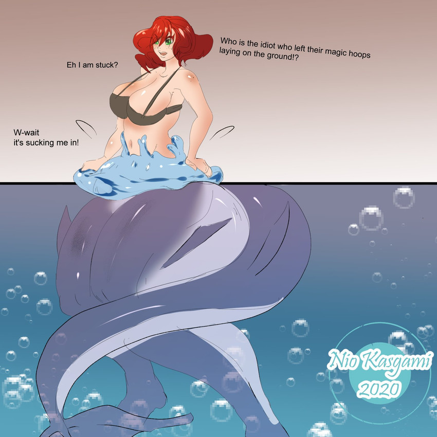 annoyed big_breasts bikini bikini_top bottomless bra breasts bubble clothed clothing dialogue female freckles hair hoop human_to_anthro navel open_mouth red_hair ring solo species_transformation standing swimwear text thick_thighs transformation transformation_ring two-piece_swimsuit underwear water nio_kasgami fish human mammal marine shark 1:1 2020 english_text hi_res