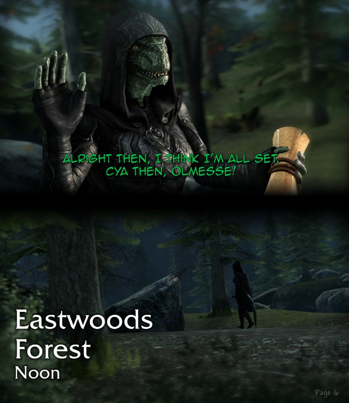 anthro armor clothed clothing dialogue female forest fully_clothed hoodie outside plant sky standing text topwear tree walking bizzyniz bethesda_game_studios microsoft skyrim the_elder_scrolls argonian reptile scalie 2016 3d_(artwork) comic detailed digital_media_(artwork) english_text hi_res source_filmmaker_(artwork)