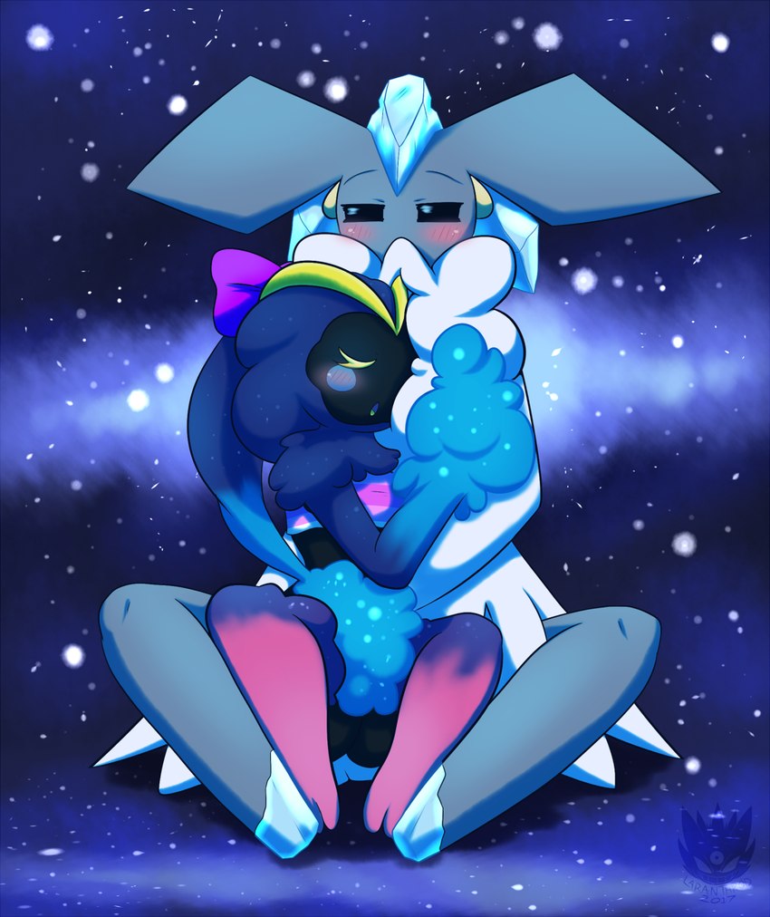 anthro blush daww duo eyebrows eyelashes eyes_closed featureless_feet feet female hug male number open_mouth sitting text tongue latiar nintendo pokemon harry_(latiar) kawsmog_(roggamer22) carbink cosmog diancie generation_6_pokemon generation_7_pokemon legendary_pokemon pokemon_(species) 2017 artist_name digital_media_(artwork) english_text hi_res